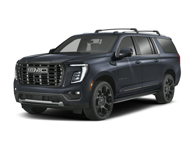 A dark blue 2025 GMC Yukon XL SUV with a large front grille, stylish design, and black wheels.