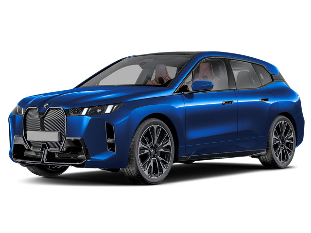 A blue BMW iX electric SUV with a sleek design and large front grille.