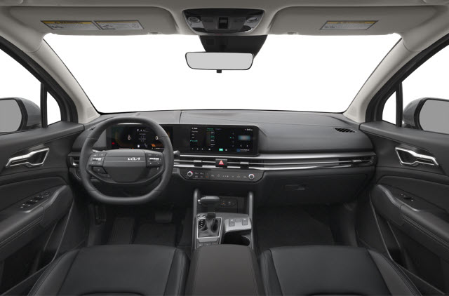 Inside view of a modern 2026 Kia Sportage with a black dashboard, steering wheel, and touchscreen display.